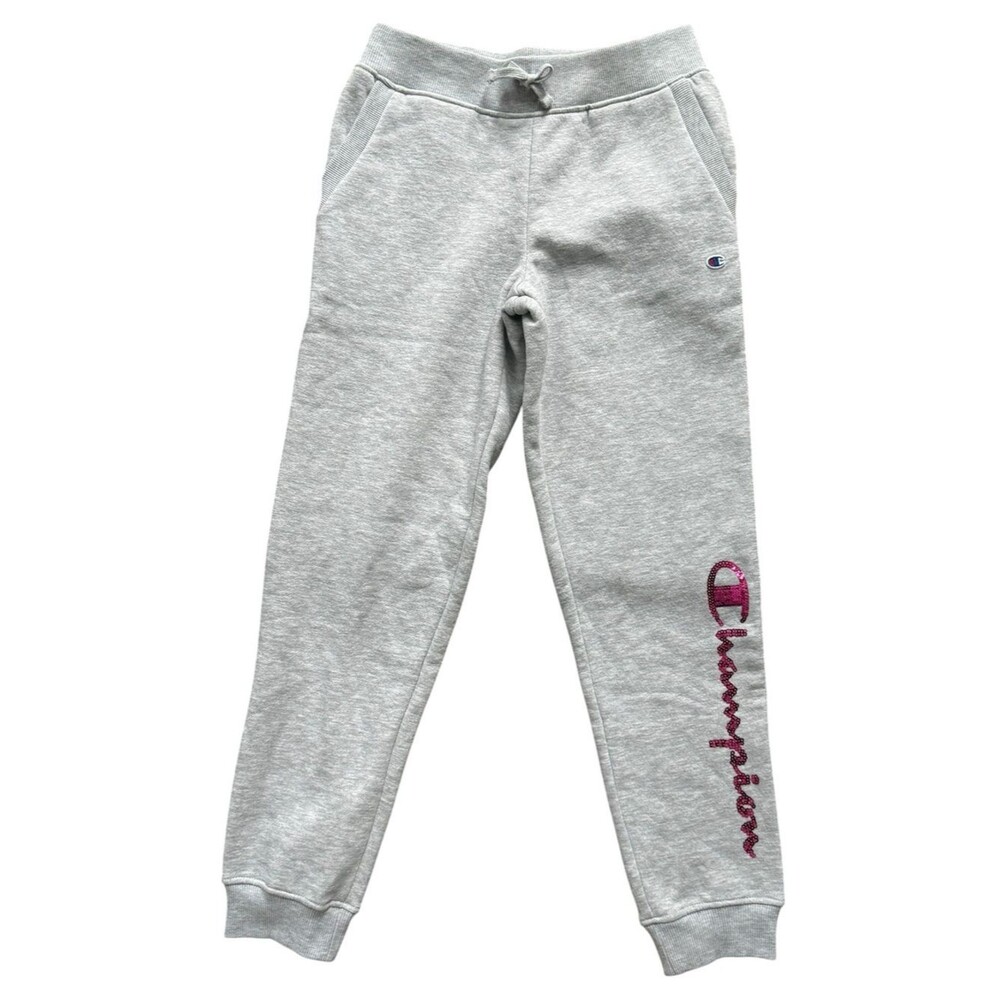 Champion Powerblend Girls Gray Joggers Pink Sequin Logo. Youth Large. NEW